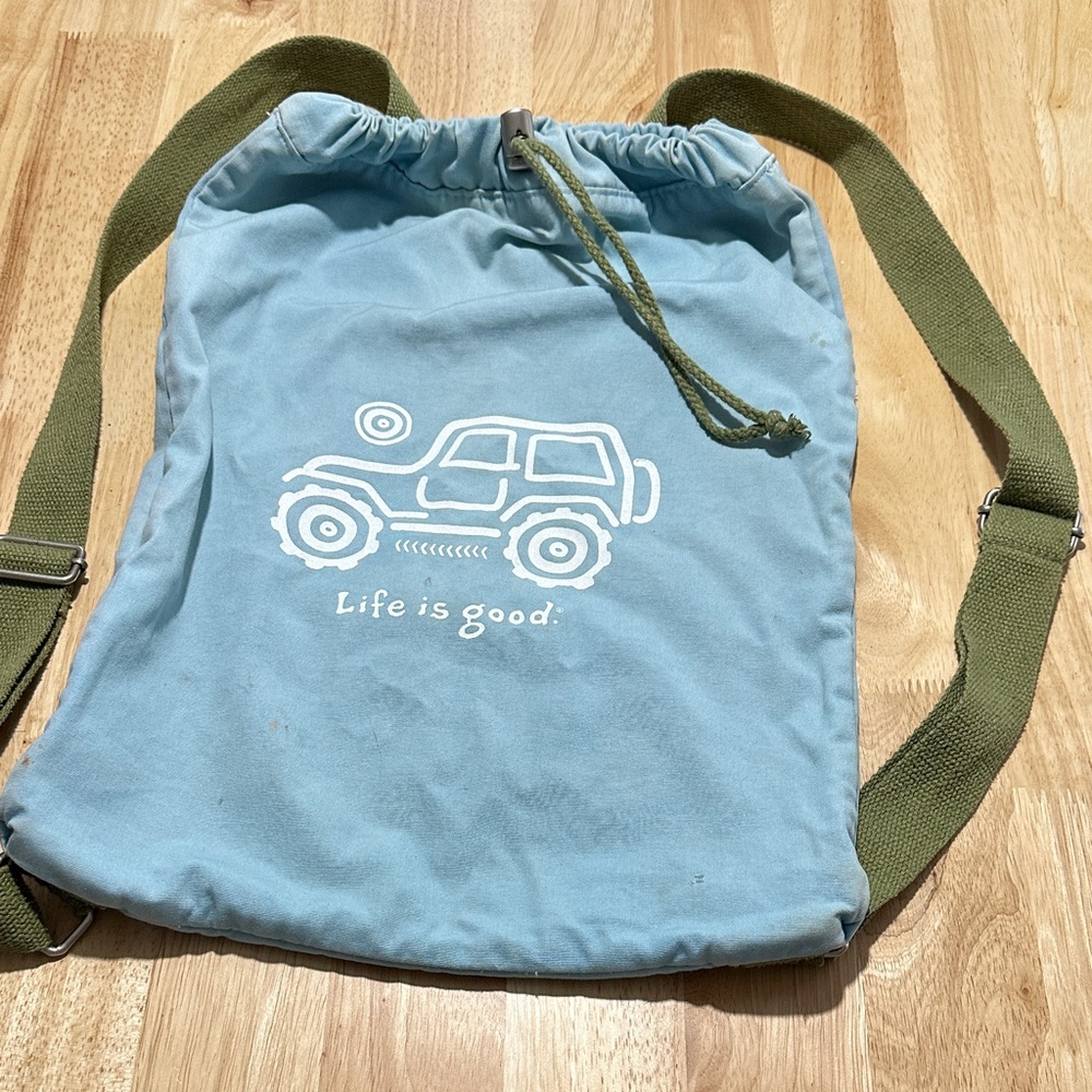 Life Is Good Light Blue Backpack with Green Straps